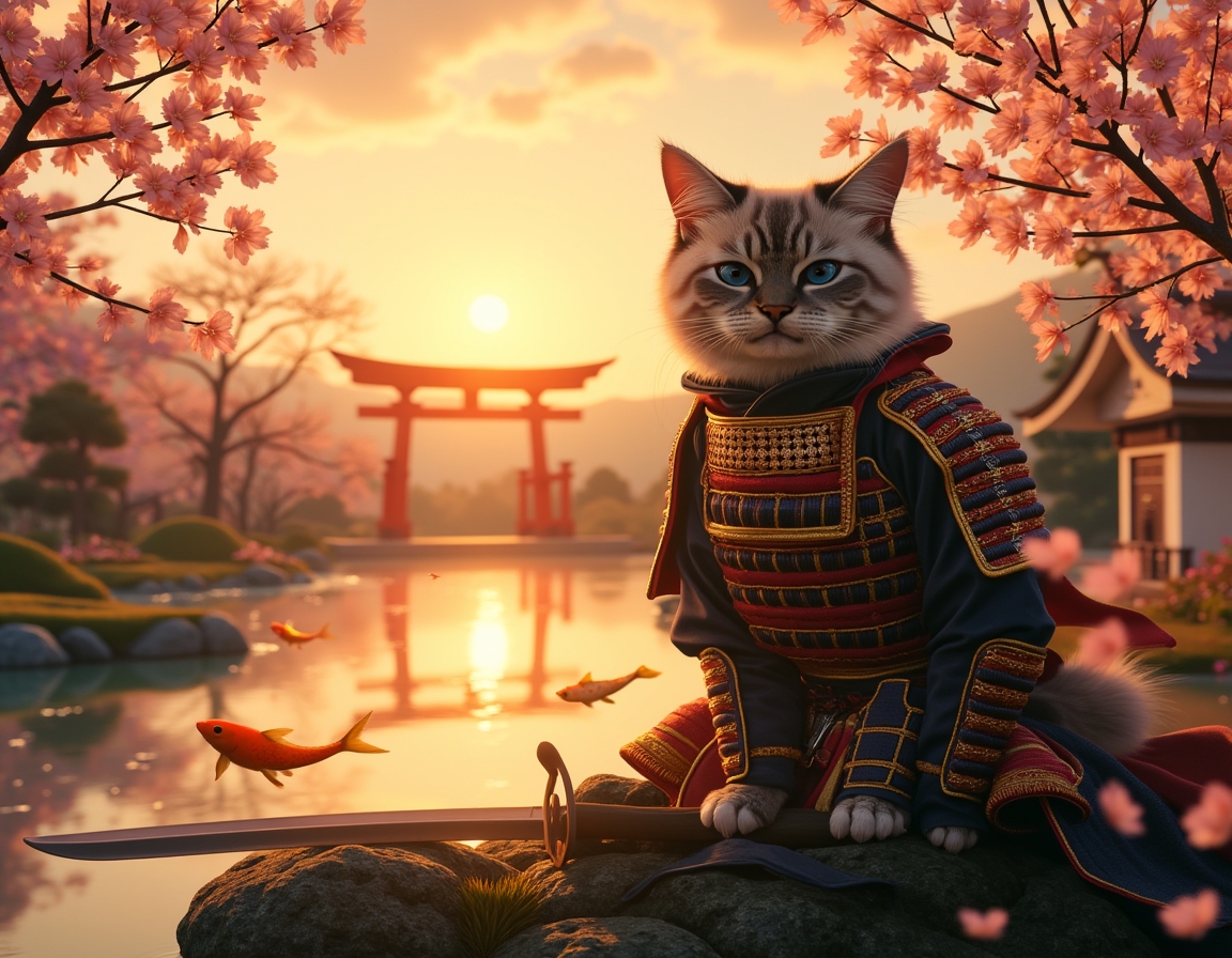 Cat dressed in ornate samurai armor sits in a serene Japanese garden at sunset. Cherry blossoms fall gently, and a koi pond reflects the golden light of the sky.